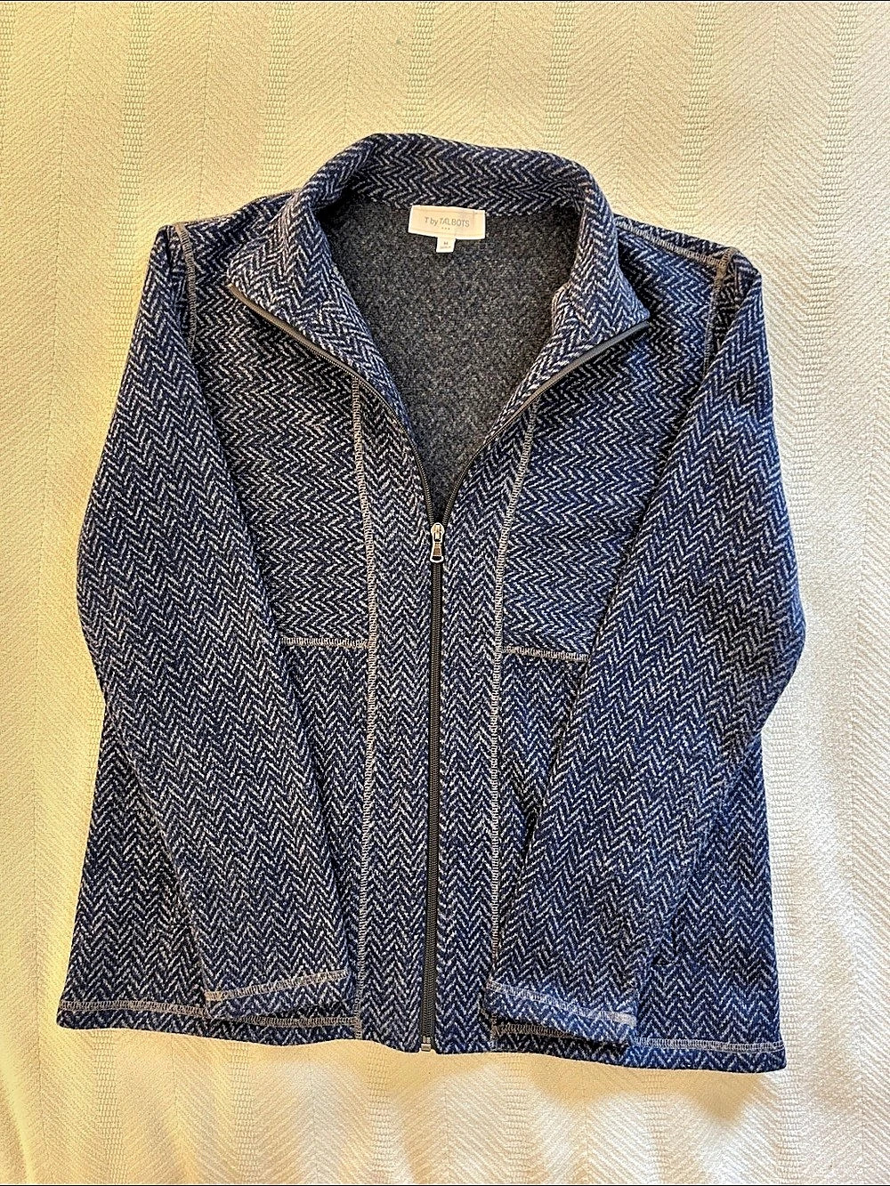 T by Talbots Textured Knit Herringbone Jacket Blue & Black
